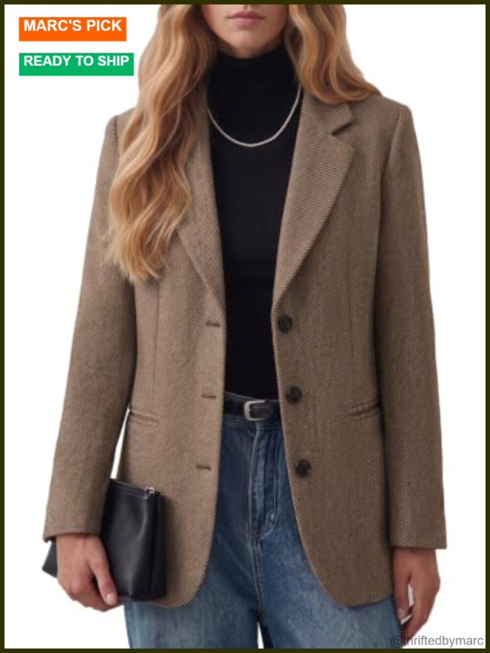 Women's Herringbone Wool Blend Blazer Tweed Jacket Notch Lapel Business Casual